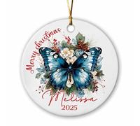 Ornamento a farfalla blu personalizzato con nome e anno, farfalla con fiori ornamenti in ceramica, ornamento di buon Natale regali per donne zia sorella, farfalle naturali personalizzate ornamenti