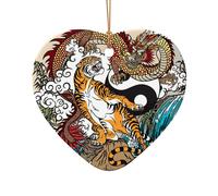 Ornamento da appendere all'albero di Natale con stampa di drago e tigre, ciondolo in ceramica a forma di stella e cuore per albero di Natale
