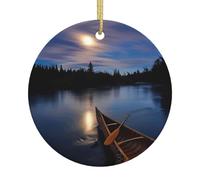 Ornamento da appendere all'albero di Natale in ceramica con canoa al chiaro di luna e allagash fiume, ornamento per vialetto, giardino, patio