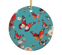 Ornamento da appendere all'albero di Natale in ceramica - Gallina volante farfalle tra fiori stampa completa, decorazione natalizia rotonda per casa, ufficio e feste