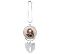 Ornamento da appendere all'auto con teschio e fiori, accessori da appendere allo specchio dell'auto in lega di zinco argento, ciondolo decorativo per interni auto, ciondoli divertenti per auto