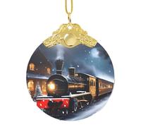 Ornamento da appendere per albero di Natale, con stampa di treno ferroviario notturno invernale, in vetro, rotondo, per albero di Natale, decorazione per la casa