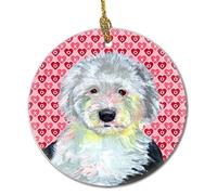 Ornamento Di Natale In Ceramica Old English Sheepdog Hearts Love And Day Decorazione Keepsake Elegante Per Regali Di Nozze Coppie 7.3Cm