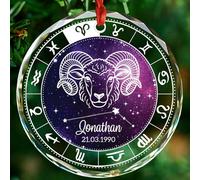 Ornamento di vetro del segno zodiacale dell'Ariete, ornamento natalizio personalizzato della costellazione dell'Ariete 2025, regali di compleanno di marzo e aprile per amici di famiglia, ornamenti