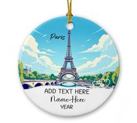 Ornamento in ceramica della città di Parigi Regali per l'amante dell'esplorazione, testo personalizzato e nome Ornamento del paesaggio di Parigi Natale, Ornamenti in ceramica con vista sulla Torre