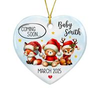 Ornamento in ceramica personalizzato Woodland Baby Coming Soon Natale 2025, primo Natale safari animale ornamento in ceramica, nome personalizzato e compleanno Bump bambino in arrivo ornamento di