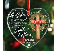 Ornamento in vetro a forma di croce cristiana con scritta in inglese "A Sister is God Way of Making Sure We Never Walk Alone", ornamento natalizio cristiano personalizzato per sorelle, ornamento da