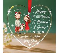 Ornamento in vetro a forma di cuore con scritta "Happy 1St Christmas As A Mommy & Daddy", 2025, nomi personalizzati per il primo Natale come famiglia di 3 ornamenti in stile cartone animato, regalo