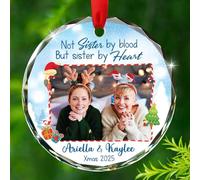 Ornamento in vetro con scritta in inglese "Not Sister by Blood But Sister by Heart", personalizzabile con nome, per sorelle, bestie, regalo per anime gemelle, amici, amici intimi, foto personalizzate