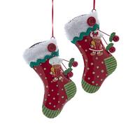 Ornamento Metallo Calza Gingerbread 17cm 1pz. Rosso Bianco Verde