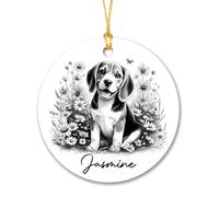 Ornamento natalizio a forma di cane beagle, disegno a matita, nome personalizzato per gli amanti dei cani, beagle nel prato, regali per proprietari di animali domestici, ricordo per Natale