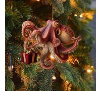 Ornamento natalizio a forma di polipo, dipinto a mano, decorazione per le vacanze costiere, unico ornamento per albero di Natale in acque profonde con cordoncino dorato, decorazione nautica in resina