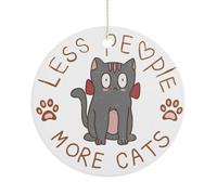 Ornamento natalizio con scritta in lingua inglese "Less People More Cats", decorazione natalizia a forma di gattino, souvenir piatto da appendere all'albero di Natale, divertente ricordo rotondo in