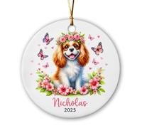 Ornamento Natalizio In Ceramica Cavalier King Charles Spaniel Flower Decorazione Da Appendere Natalizi Per Albero Con Cordino 7.3Cm