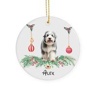 Ornamento Natalizio In Ceramica Con Cordino Old English Sheepdog Dog Name Ornamenti Di Natale Decorazione Rotonda Per Albero Di Natale 7.3Cm