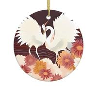 Ornamento natalizio in ceramica con due gru, decorazione rotonda da appendere con corda dorata, stampa su entrambi i lati, regalo per la casa e l'albero
