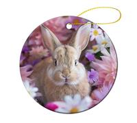 Ornamento Natalizio In Ceramica, Ornamenti Per Albero Di Natale, Happy Easter Hello Spring Bunny Flowers Cute Bunny Rabbit Easter, Decorazione Rotonda Per Albero Di Natale, Con Cordino