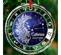 Ornamento natalizio in vetro personalizzato con costellazioni dell'oroscopo del Leone 2025, ornamenti di astrologia del Leone per compleanno Natale, ornamenti del segno zodiacale, nome e data