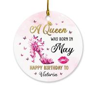 Ornamento personalizzato a Queen was Born in Happy Birthday con nome e mese, ornamento di buon compleanno regalo per donne amiche, ornamento personalizzato per compleanno regina da appendere Natale