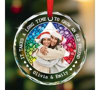 Ornamento personalizzato in vetro colorato con foto dei migliori amici, Natale 2025, ci vuole molto tempo per far crescere un vecchio amico, ornamenti per albero di Natale, immagine/nomi