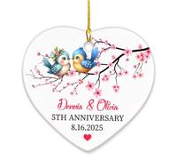 Ornamento personalizzato per il 5° anniversario, Ricordo di anniversario di matrimonio degli uccelli dell'amore, Ornamenti romantici in ceramica del fiore di ciliegio 2025, Ornamento del cuore di