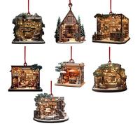 Ornamento piatto in legno 2D a forma di albero di Natale, 6 ciondoli a forma di albero di Natale, decorazione natalizia in acrilico per appendere l'albero, ornamento per libri impilati (B-7 pezzi)