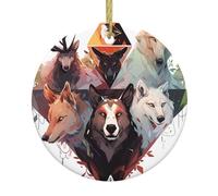 Ornamento rotondo da appendere in ceramica con lupi e renne, decorazione natalizia personalizzata con cordino dorato