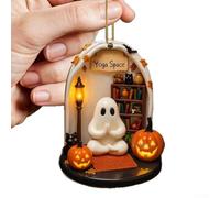 Ornamento spettrale di Halloween stagionale in acrilico con vivace design a sublimazione, pronto da appendere con corda di iuta per un facile posizionamento su pareti o tavoli
