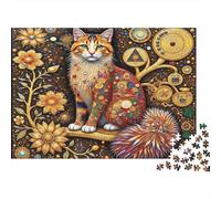 Ornate Cat Artwork 1000 Pezzi Puzzle Difficile Adulti Gatto Fantasioso Colorato con Fiori e Ingranaggi Premium Robusto Alta Qualità Vivace Stimolante Antistress 38x26cm/1000pz