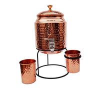 Ornate International Distributore di acqua in rame 3000 ml, 2 pezzi di vetro 300 ml con supporto, altezza 36 cm, profondità 18 cm, 1500 g, 0,79 galloni per la conservazione dell'acqua