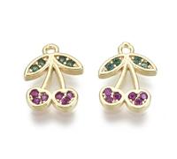 Ornazy 30 ciondoli a forma di ciliegia viola con zirconia cubica, in ottone, a forma di frutta con foglia, graziosi ciondoli a forma di cibo, per la creazione di gioielli
