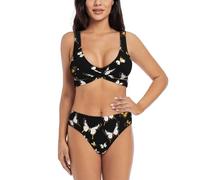 Oro Bianco Farfalle Stampa Nera Sexy Bikini Set per Donna Donna 2 Pezzi Bikini Set Costumi Da Bagno Spiaggia Piscina Costumi Da Bagno, Nero , M