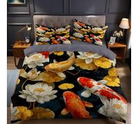 Oro E Rosso Set Copripiumino Singolo 200x200 cm Laghetto di loto con koi Microfibra Morbida Stampa 3D, 1 Copripiumino + 2 Federe 50x80 cm per Bambini e Adulti