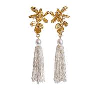Oro Fiore Tassel orecchini per le donne, 14K oro placcato dichiarazione floreale orecchini, argento catena frangia perla goccia orecchini per matrimonio gioielli festa sposa