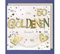 Oro Matrimonio biglietto d' auguri 50 Hand Made Applicazione due cuori d' oro 21 x 21 cm