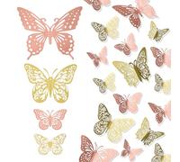 Oro+Oro Rosa Decorative Farfalle e Adesivi Murali 3D per Camera da Letto - 24 Pezzi
