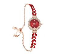 Orologi alla moda Orologio da donna di lusso con quadrante piccolo, foglie di ulivo, strass, cinturino da polso, orologio da donna, cinturino regolabile, braccialetto sottile Ritorno a scuola(Rot)