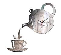 Orologi Da Parete Tazza Di Caffè Teiera Orologio Da Parete Fai-Da-Te Creativo 3D Orologi Da Parete Cucina Specchio Acrilico Adesivo Decorativo Soggiorno Decorazioni Per La Casa Orologio,Argento