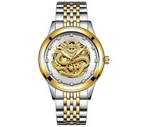 Orologi Da Polso,Orologio Da Uomo In Rilievo Con Drago 3D Orologio Da Polso Meccanico Automatico Con Strass In Oro, Oro Bianco