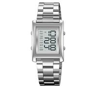 Orologi da uomo, alla moda, multifunzione, per sport all'aria aperta, con grande display digitale, cronografo, in acciaio inox, rettangolari, Argento, Sport all'aria aperta