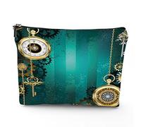 Orologi e catene, borsa cosmetica in lino da donna, borsa per il trucco, oggetti antichi, orologi, chiavi e catene, organizer per il trucco per borsa, regalo impermeabile, verde oro, 17,8 x 22,9 cm,