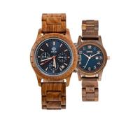 Orologi in legno Zeitholz per coppie con incisione gratuita, regali personalizzabili, Bergen Blu 42mm & Leuben Indigo 36mm. Realizzati in legno naturale con movimento al quarzo giapponese.