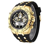 Orologi sportivo militare da uomo, analogico digitale, impermeabile, con data, sveglia, flusso luminoso, cronometro, orologio da polso Big Army, Colore: nero e oro.