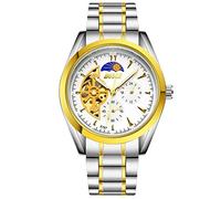 Orologi Uomo,Cinturino In Acciaio Cava Tourbillon Automatico Orologio Meccanico Stella Attraverso La Parte Inferiore Impermeabile Orologio Solare Fase Cintura In Acciaio Superficie Bianca Meccanica