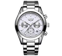 Orologi Uomo,Cinturino In Acciaio Luminoso Multifunzione A Due Occhi Tendenza Moda Casual Argento Lg9872G Bianco