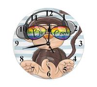Orologio a scimmia in stile cartone animato carino scimmia marrone con occhiali da sole arcobaleno a strisce bianche blu orologio da parete rotondo 25,4 cm silenzioso senza ticchettio orologio da