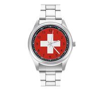 Orologio al quarzo con bandiera della Svizzera con cinturino in acciaio inox, stile casual, classico, per uomo e donna