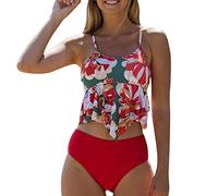 Orologio al quarzo retrò da uomo, set tankini, stampa da spiaggia, costume da bagno digitale da donna, spaccato, costume da bagno, set tankini business, Colore: rosso, S