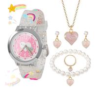 Orologio analogico al quarzo classico per bambini con design a forma di cuore, set per insegnare l'ora delle ragazze, include collana, braccialetto, orecchini e anello rosa, 5 pezzi