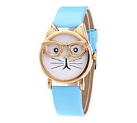 Orologio analogico al quarzo da donna con quadrante a forma di gatto, alla moda, con occhiali, 24 ore, blu cielo, misura unica